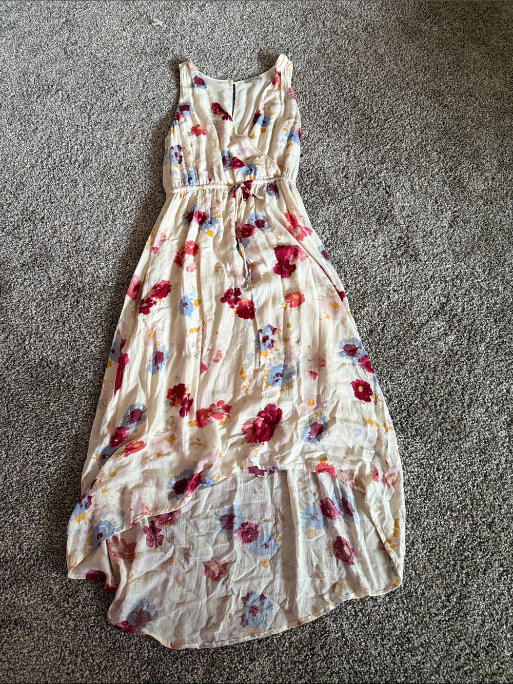 Lucky Brand Cream Floral High-Low Maxi Dress with Red & Blue Blooms